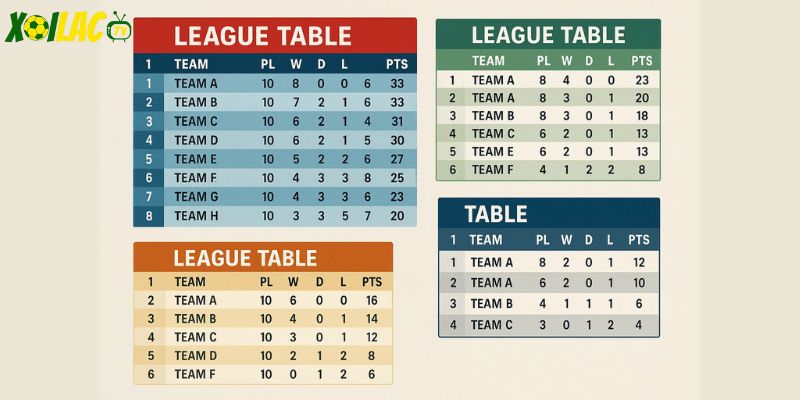 Đa dạng bảng xếp hạng các giải đấu khác nhau Đa dạng bảng xếp hạng các giải đấu khác nhau